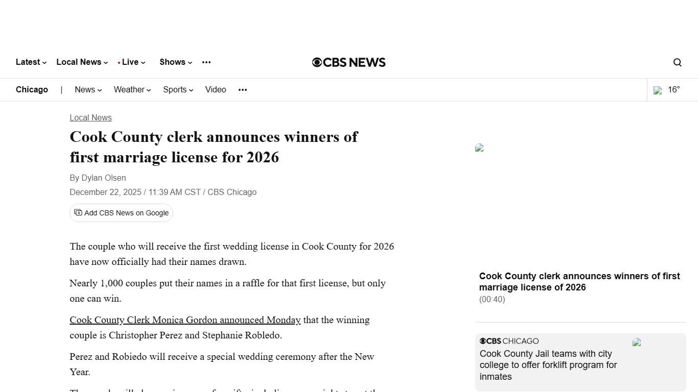 Cook County clerk announces winners of first marriage license for 2026 - CBS Chicago